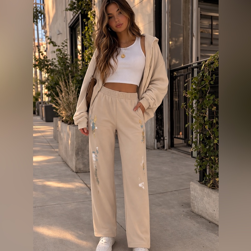 Raquel Allegra Paint Splatter Sweatpants Wide Leg Neutral Lounge